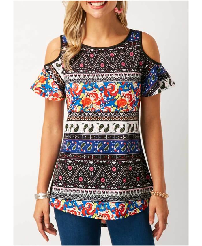 Cold Shoulder Curved Hem Printed T Shirt